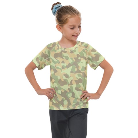 Light Green Brown Yellow Camouflage Pattern Kids  Mesh Piece Tee by SpinnyChairDesigns