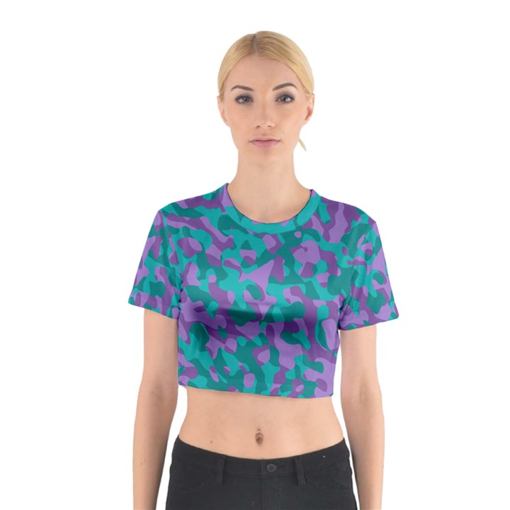 Purple and Teal Camouflage Pattern Cotton Crop Top