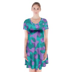 Purple And Teal Camouflage Pattern Short Sleeve V-neck Flare Dress by SpinnyChairDesigns