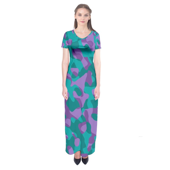 Purple and Teal Camouflage Pattern Short Sleeve Maxi Dress