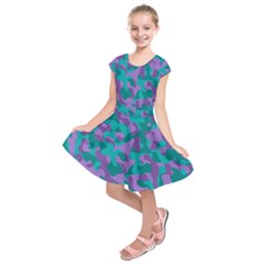 Purple And Teal Camouflage Pattern Kids  Short Sleeve Dress by SpinnyChairDesigns