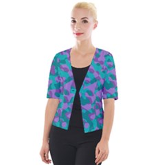 Purple And Teal Camouflage Pattern Cropped Button Cardigan by SpinnyChairDesigns