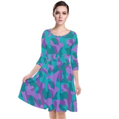 Purple And Teal Camouflage Pattern Quarter Sleeve Waist Band Dress by SpinnyChairDesigns