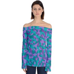 Purple And Teal Camouflage Pattern Off Shoulder Long Sleeve Top by SpinnyChairDesigns