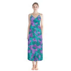 Purple And Teal Camouflage Pattern Button Up Chiffon Maxi Dress by SpinnyChairDesigns