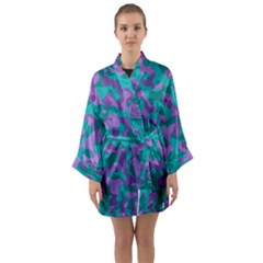 Purple And Teal Camouflage Pattern Long Sleeve Satin Kimono by SpinnyChairDesigns