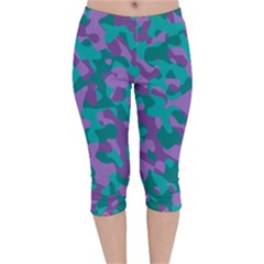 Purple And Teal Camouflage Pattern Velvet Capri Leggings  by SpinnyChairDesigns