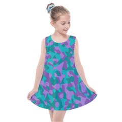 Purple And Teal Camouflage Pattern Kids  Summer Dress by SpinnyChairDesigns