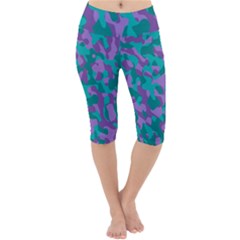 Purple And Teal Camouflage Pattern Lightweight Velour Cropped Yoga Leggings by SpinnyChairDesigns