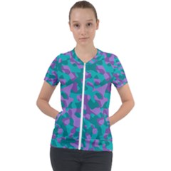 Purple And Teal Camouflage Pattern Short Sleeve Zip Up Jacket by SpinnyChairDesigns