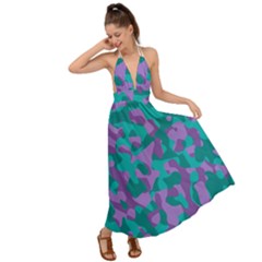 Purple And Teal Camouflage Pattern Backless Maxi Beach Dress by SpinnyChairDesigns