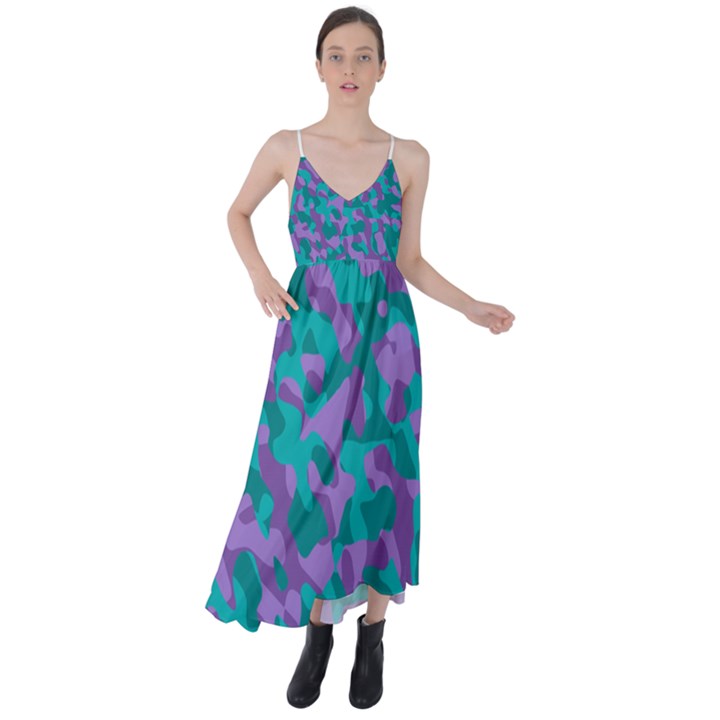 Purple and Teal Camouflage Pattern Tie Back Maxi Dress