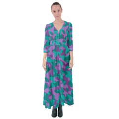 Purple And Teal Camouflage Pattern Button Up Maxi Dress by SpinnyChairDesigns