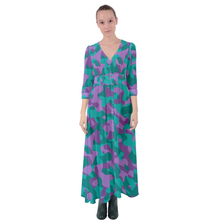 Purple and Teal Camouflage Pattern Button Up Maxi Dress