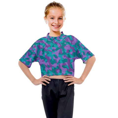 Purple And Teal Camouflage Pattern Kids Mock Neck Tee by SpinnyChairDesigns