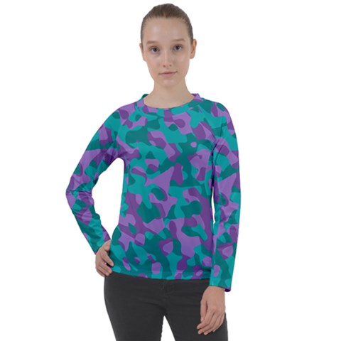 Purple And Teal Camouflage Pattern Women s Long Sleeve Raglan Tee by SpinnyChairDesigns