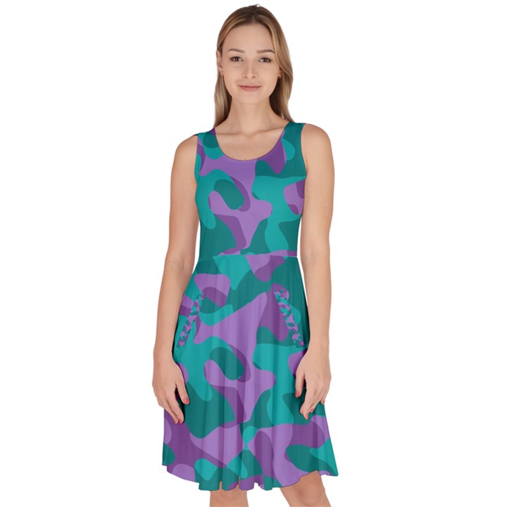 Purple and Teal Camouflage Pattern Knee Length Skater Dress With Pockets