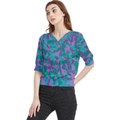 Purple And Teal Camouflage Pattern Quarter Sleeve Blouse