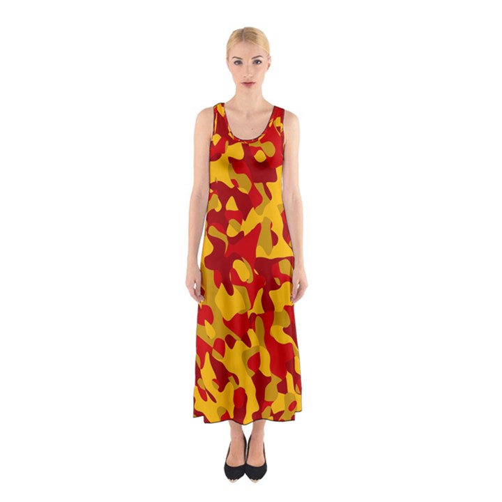 Red and Yellow Camouflage Pattern Sleeveless Maxi Dress