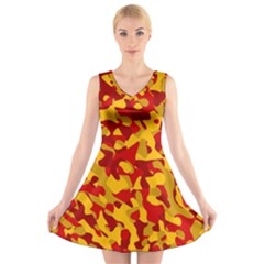 Red and Yellow Camouflage Pattern V-Neck Sleeveless Dress