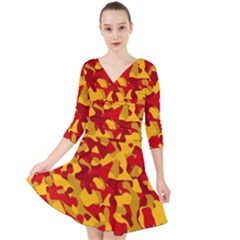 Red And Yellow Camouflage Pattern Quarter Sleeve Front Wrap Dress