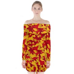 Red And Yellow Camouflage Pattern Long Sleeve Off Shoulder Dress by SpinnyChairDesigns