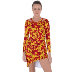 Red and Yellow Camouflage Pattern Asymmetric Cut-Out Shift Dress