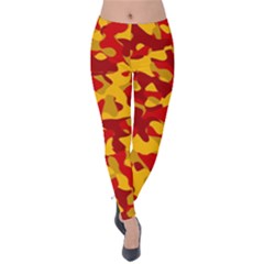 Red And Yellow Camouflage Pattern Velvet Leggings by SpinnyChairDesigns