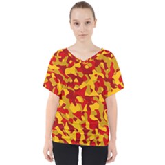 Red and Yellow Camouflage Pattern V-Neck Dolman Drape Top