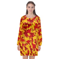 Red and Yellow Camouflage Pattern Long Sleeve Chiffon Shift Dress 