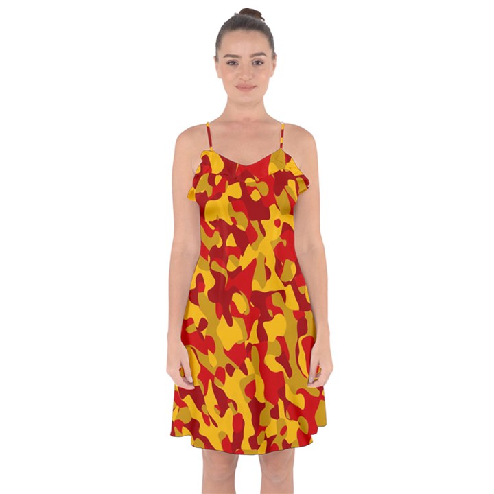 Red and Yellow Camouflage Pattern Ruffle Detail Chiffon Dress