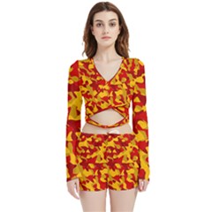 Red and Yellow Camouflage Pattern Velvet Wrap Crop Top