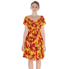 Red and Yellow Camouflage Pattern Short Sleeve Bardot Dress