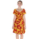 Red and Yellow Camouflage Pattern Short Sleeve Bardot Dress View1