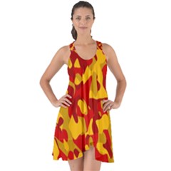 Red and Yellow Camouflage Pattern Show Some Back Chiffon Dress