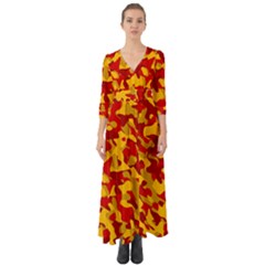 Red and Yellow Camouflage Pattern Button Up Boho Maxi Dress