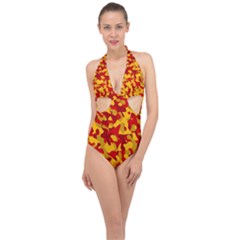 Red and Yellow Camouflage Pattern Halter Front Plunge Swimsuit