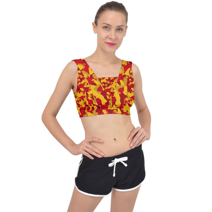 Red and Yellow Camouflage Pattern V-Back Sports Bra