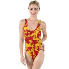 Red and Yellow Camouflage Pattern High Leg Strappy Swimsuit