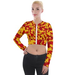 Red and Yellow Camouflage Pattern Long Sleeve Cropped Velvet Jacket