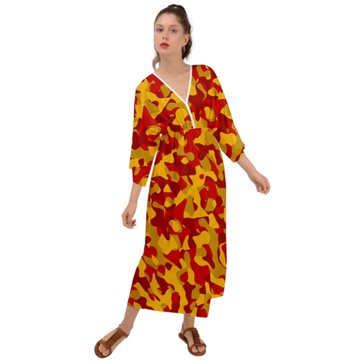 Red and Yellow Camouflage Pattern Grecian Style  Maxi Dress