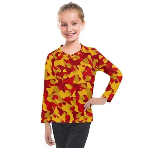 Red And Yellow Camouflage Pattern Kids  Long Mesh Tee by SpinnyChairDesigns