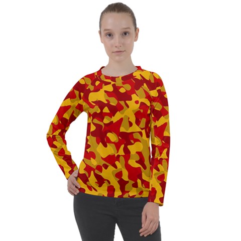 Red And Yellow Camouflage Pattern Women s Long Sleeve Raglan Tee by SpinnyChairDesigns