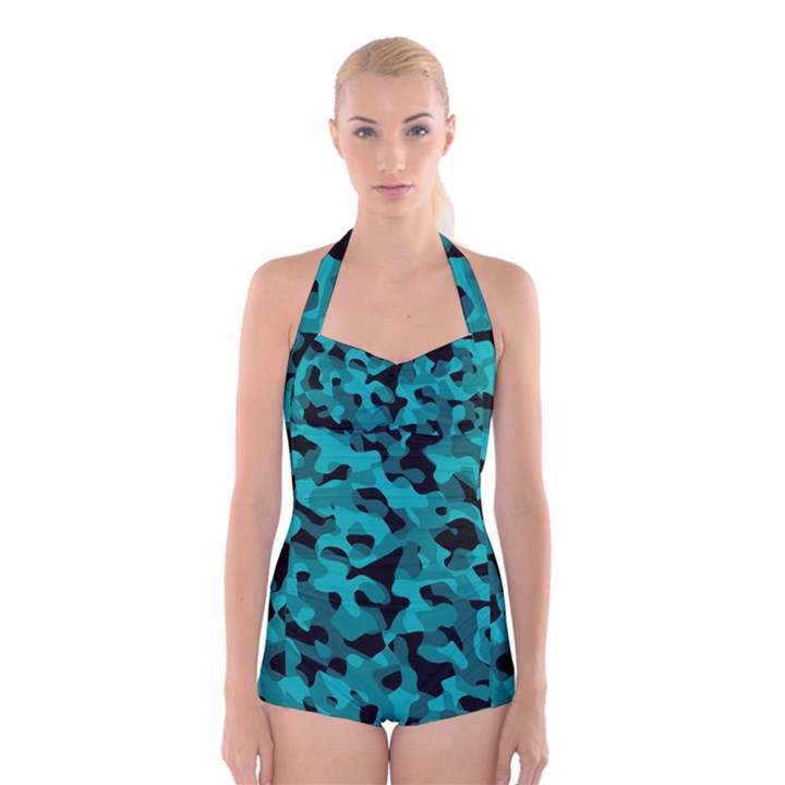 Black and Teal Camouflage Pattern Boyleg Halter Swimsuit 