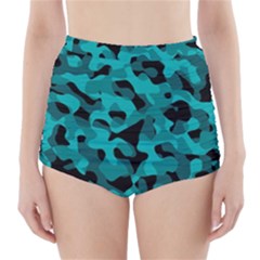 Black And Teal Camouflage Pattern High-waisted Bikini Bottoms by SpinnyChairDesigns