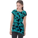 Black and Teal Camouflage Pattern Cap Sleeve High Low Top View1