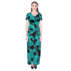 Black And Teal Camouflage Pattern Short Sleeve Maxi Dress by SpinnyChairDesigns