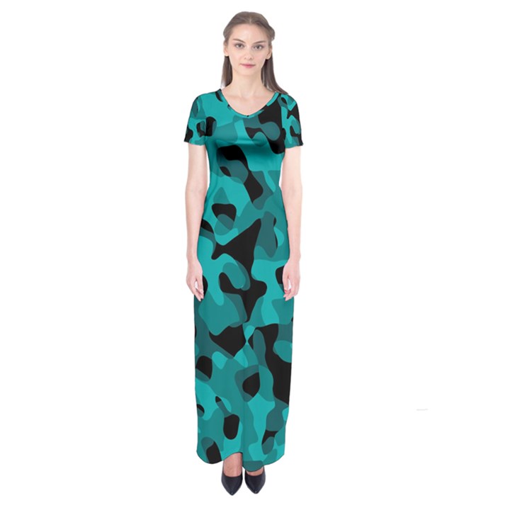 Black and Teal Camouflage Pattern Short Sleeve Maxi Dress