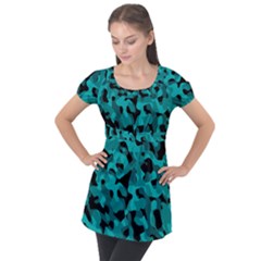 Black And Teal Camouflage Pattern Puff Sleeve Tunic Top