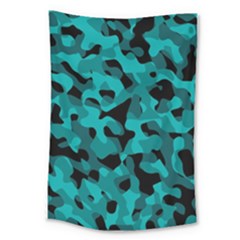 Black And Teal Camouflage Pattern Large Tapestry by SpinnyChairDesigns